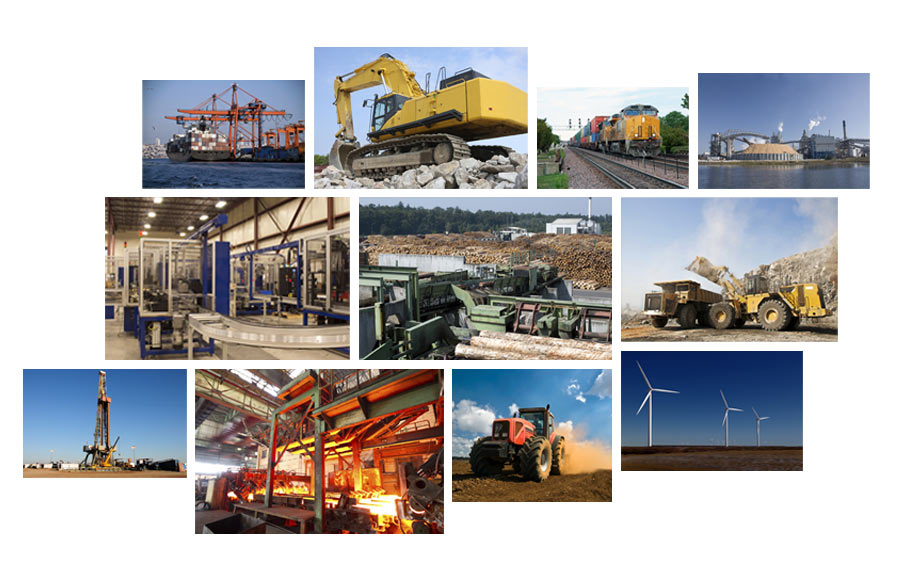 Collage imagery of hydraulic applications: Saw Mill, Paper Mill, Industrial Plant, Construction, Mining, Agriculture, Marine, Steel Mill, etc.